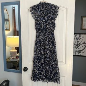 Aqua brand black, blue and grey floral print midi dress